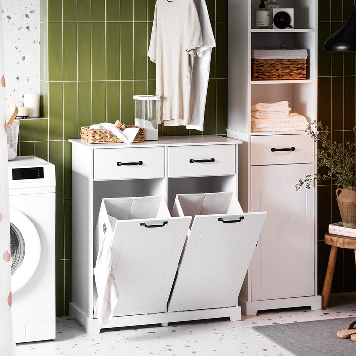 Kommode med indbyggede vasketøjskurve til badeværelset, H90 x B79.5 x D38 cm, hvid