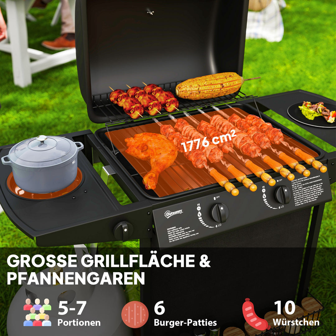 Gasgrill 7 KW grillvogn inkl. 3 brændere, sidebrænder, hjul, låg, 107 x 54 x 96 cm, sort