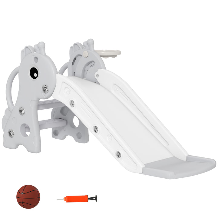 3-I-1 børnerutsjebane, girafformet, basketballkurv, bold, grå