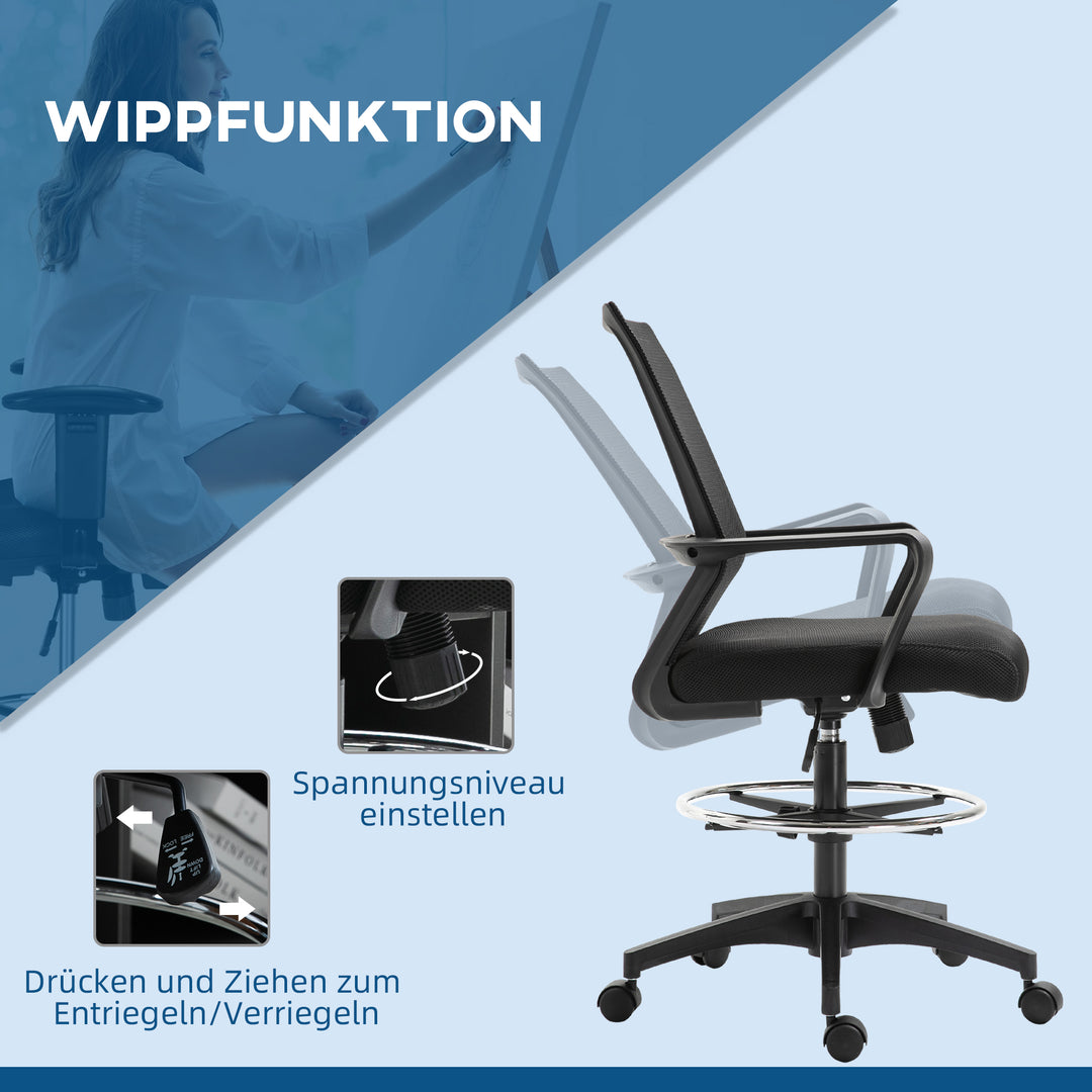 Kontorstol, højdejusterbar skrivebordsstol med fodstøtte, ryglæn i net, sammenrullbar, plastik, sort