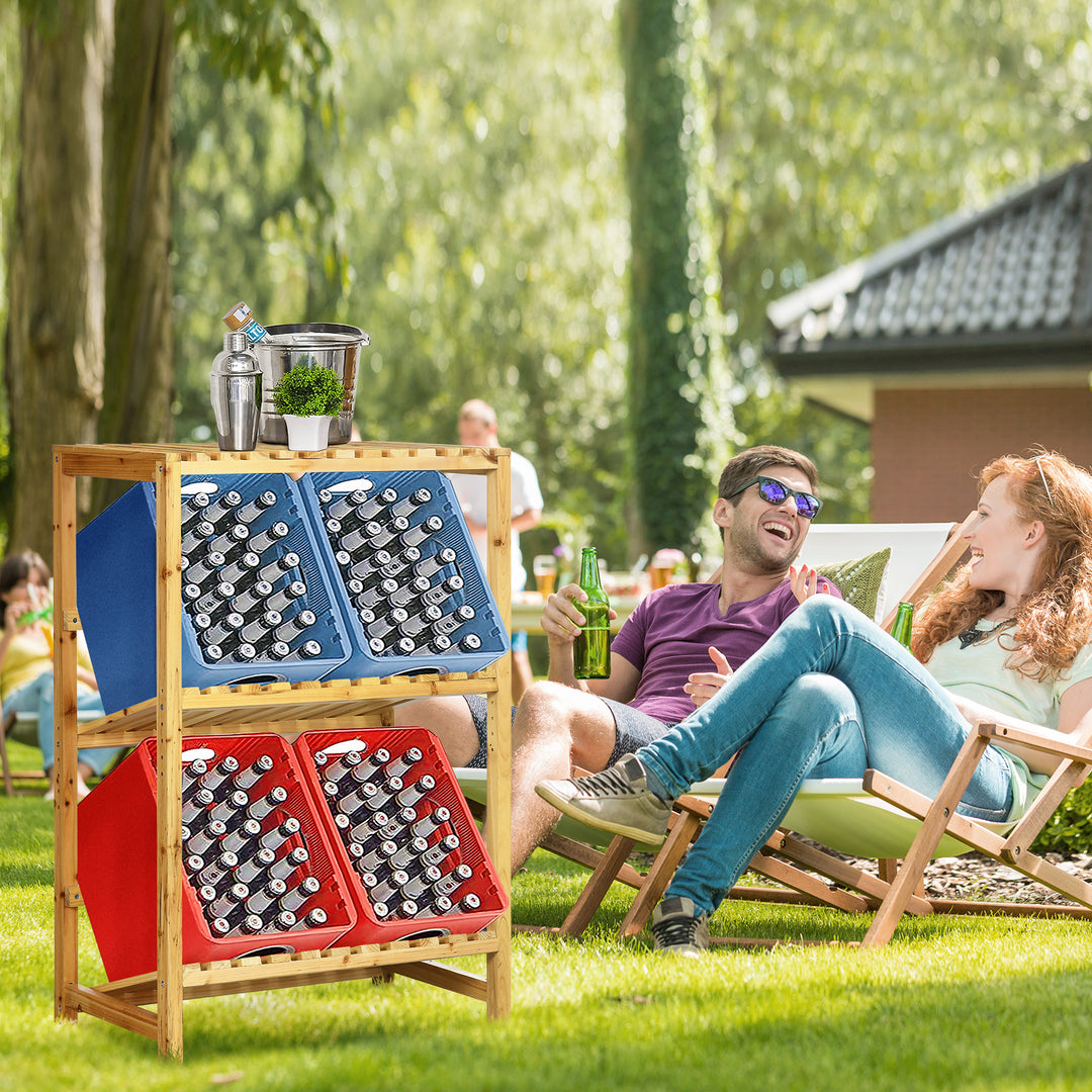 Hylde til drikkekasser, kassestativ til op til 4 kasser, naturtræ, 2 niveauer 74 x 45 x 111 cm