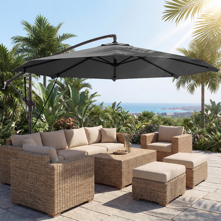 Fritstående parasol ca. Ø300 cm, vipbar, med håndsving, krydsfod, vindreb, beskyttelsesovertræk, mørkegrå