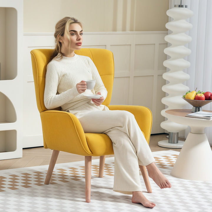 Polstret lænestol, lænestol til stue med quiltning, blødt velourbetræk, op til 120 kg, gul