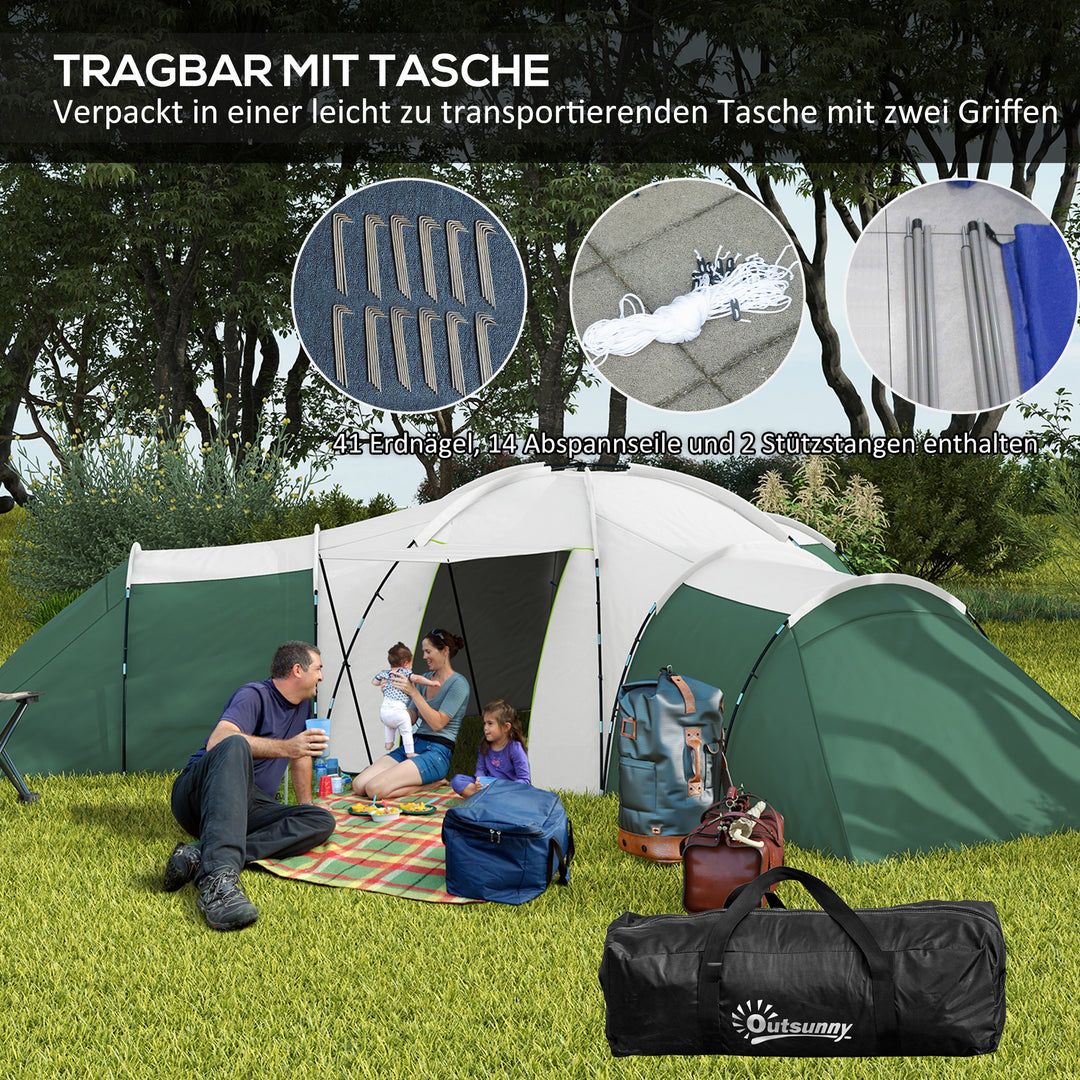 Campingtelt til 6-9 personer, 4 værelser, markise, vandtæt, 615 x 615 x 225 cm, grøn