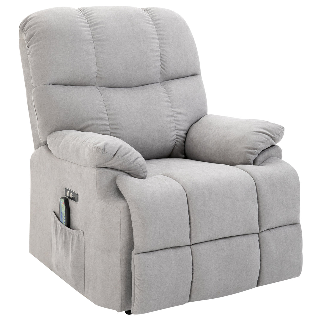 Lænestol med løftehjælp, massagestol, lænestol med USB-port, TV-stol med fjernbetjening, sidelomme, TV-lænestol med fløjlslook, grå