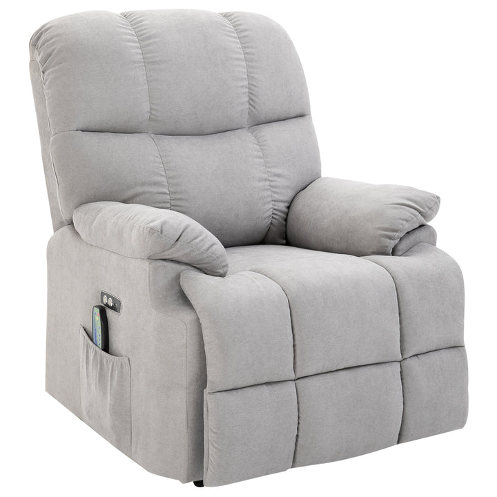 Lænestol med løftehjælp, massagestol, lænestol med USB-port, TV-stol med fjernbetjening, sidelomme, TV-lænestol med fløjlslook, grå