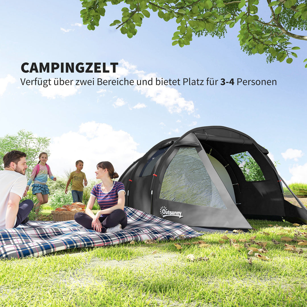 Campingtelt, trekkingtelt, vejrbestandigt, 2 rum, 475 x 264 cm (bredde x højde), sort