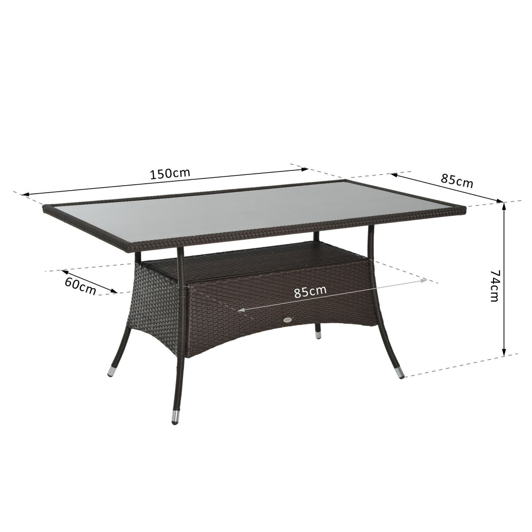 Havebord glasbord spisebord havemøbelbord, polyrattan + sikkerhedsglas, brun + sort, 150x85x74cm