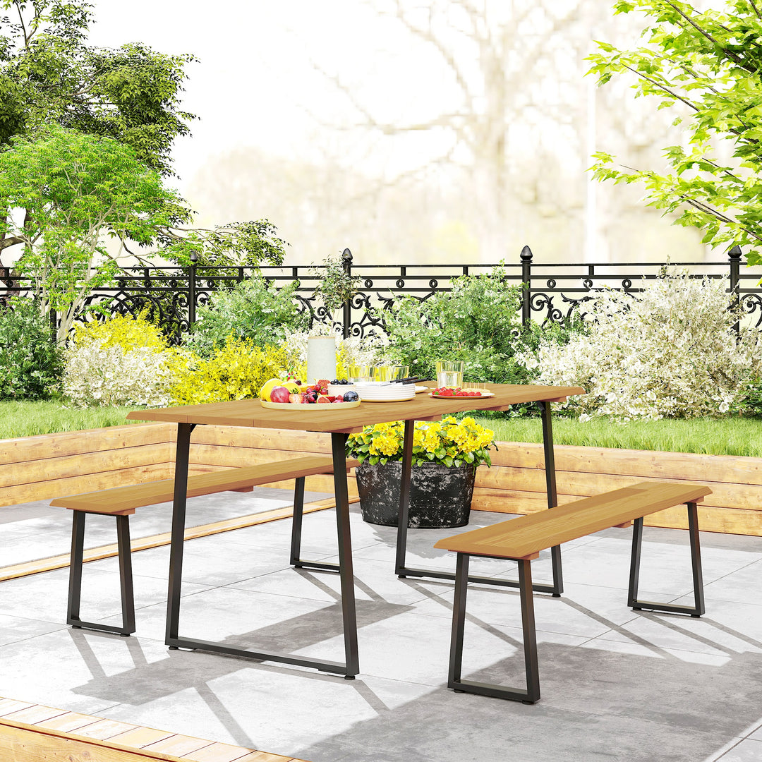 3-Delt træspisesæt til 6 personer, spisebord med 2 bænke, parasolhul, træbord, 178 x 76 x 77 cm, naturtræ