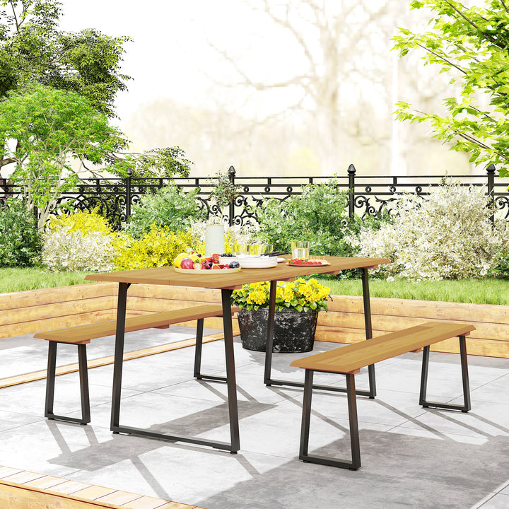 3-Delt træspisesæt til 6 personer, spisebord med 2 bænke, parasolhul, træbord, 178 x 76 x 77 cm, naturtræ