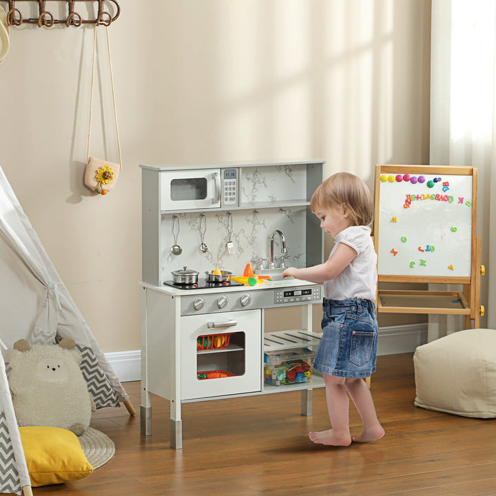 Legekøkken med komfur, mikrobølgeovn, meget tilbehør, højdejusterbar, 70,1 x 28 x 90,2/96,1 cm, hvid