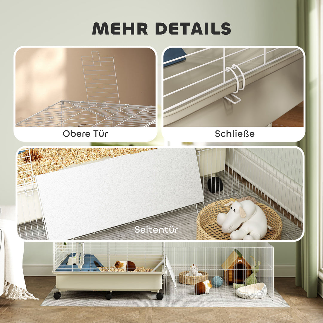 Bur til små dyr, balkon, rampe, fodertrug, vandflaske, 2-etagers design, hvid
