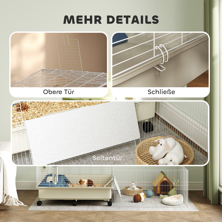 Bur til små dyr, balkon, rampe, fodertrug, vandflaske, 2-etagers design, hvid