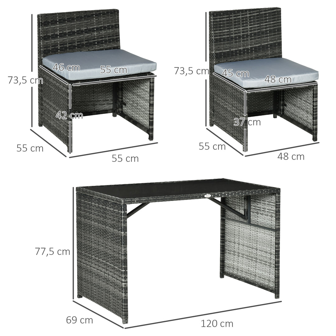 Havemøbelsæt til 4 personer, 4 stole og 1 bord, inklusive sædehynder, polyrattan, stel i rustfrit stål, grå