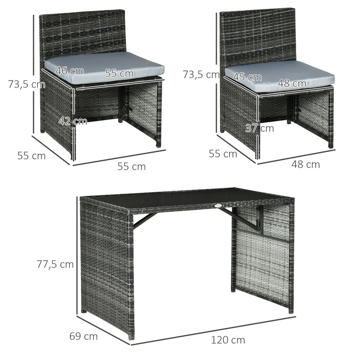 Havemøbelsæt til 4 personer, 4 stole og 1 bord, inklusive sædehynder, polyrattan, stel i rustfrit stål, grå