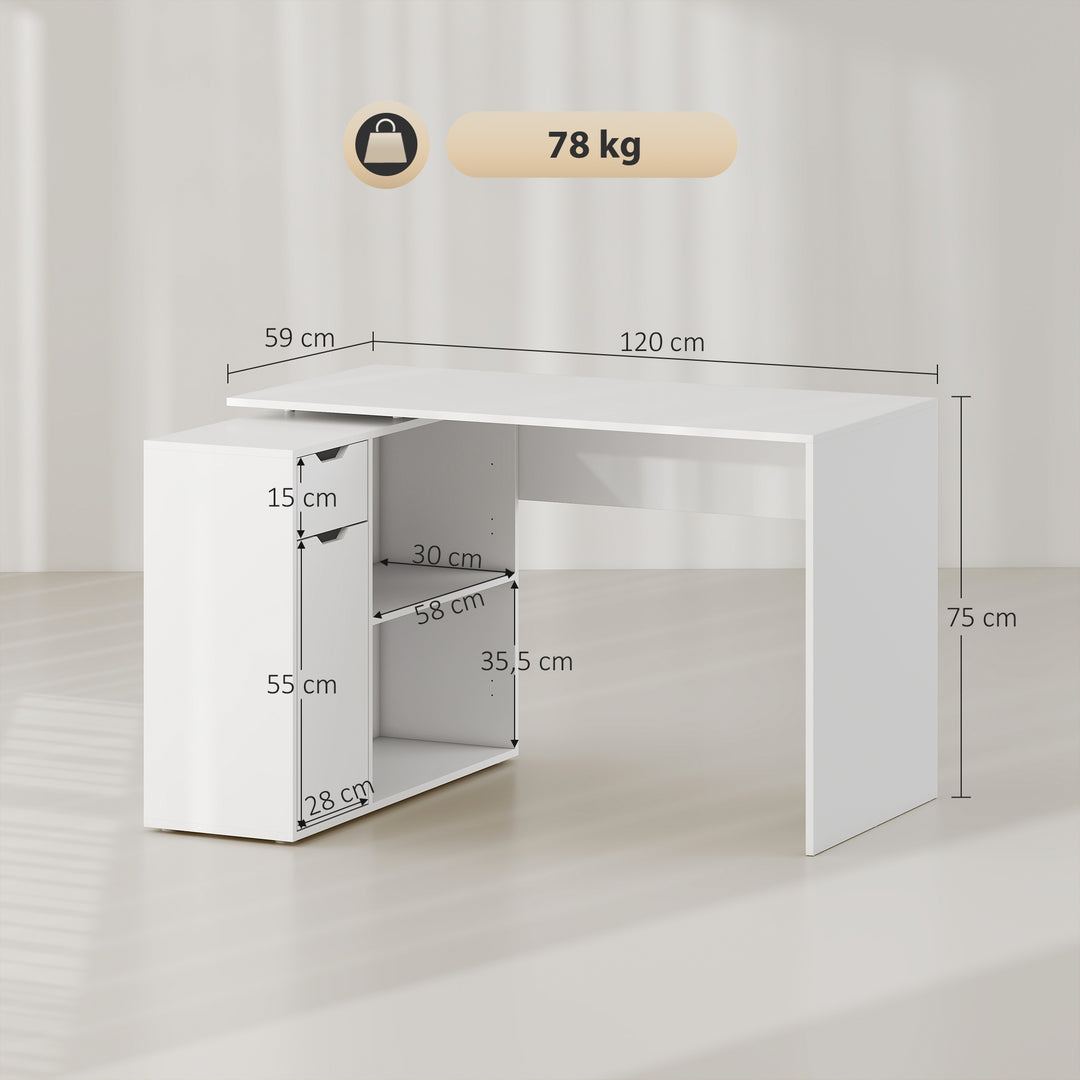 Fleksibelt skrivebord, 2-lags skab, skuffe, åbne rum, træ, hvid