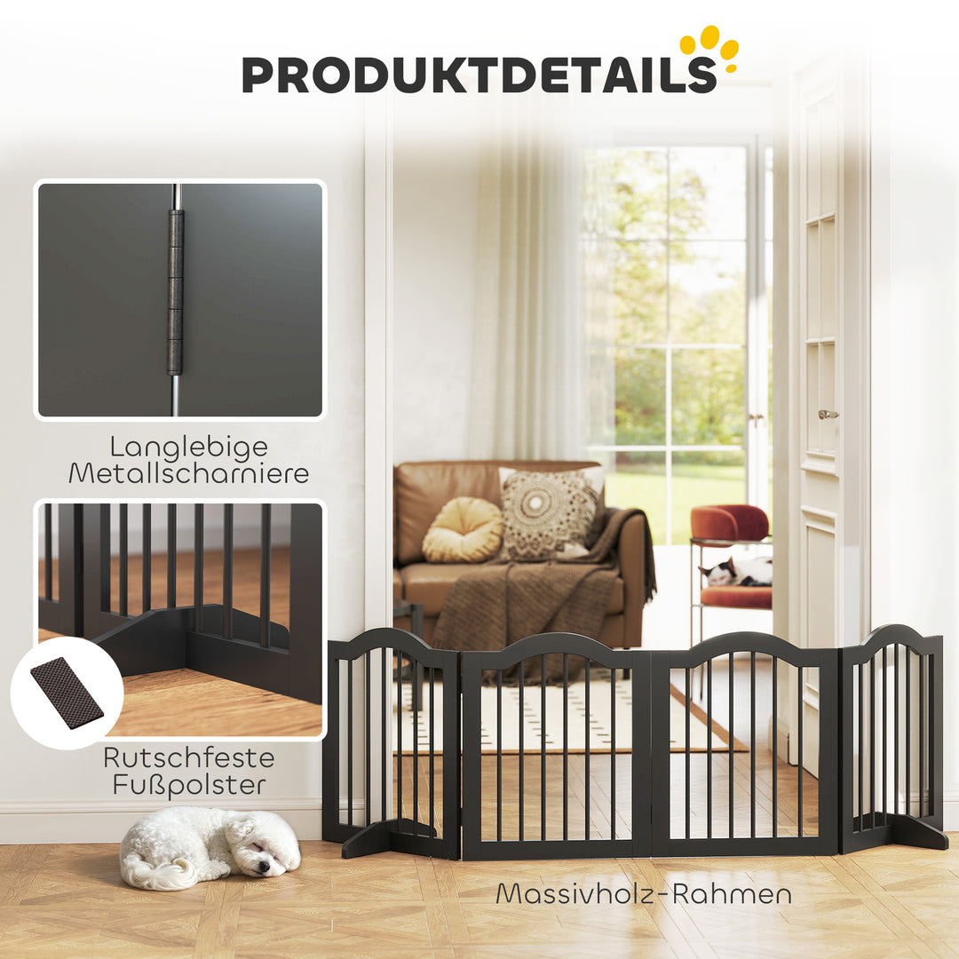 Fritstående hundegitter med fødder, foldbart, 4 paneler, 208 x 29,5 x 61 cm, sort