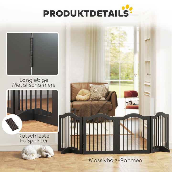 Fritstående hundegitter med fødder, foldbart, 4 paneler, 208 x 29,5 x 61 cm, sort