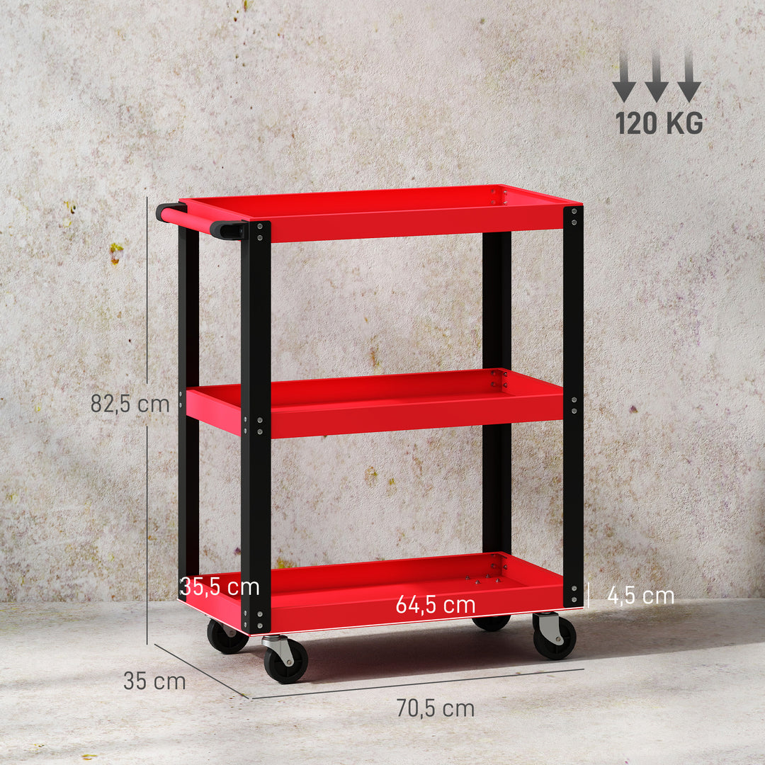 Værktøjsvogn med 3 niveauer, metalramme, 120 kg lasteevne, hjul, håndtag, rød