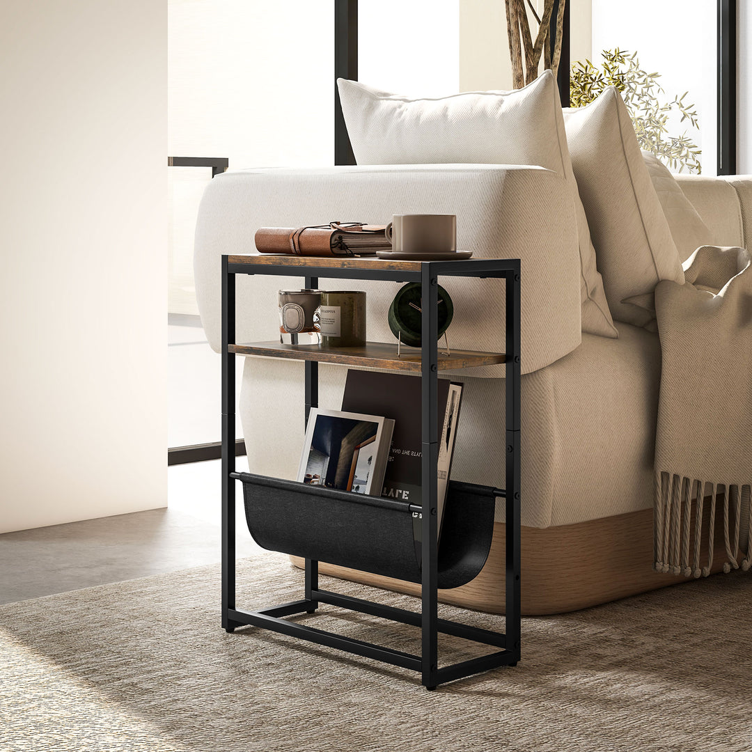 Sidebord, sofabord med 3-lags hylde, V-formet magasinholder, 43 x 18 x 56 cm, rustik brun