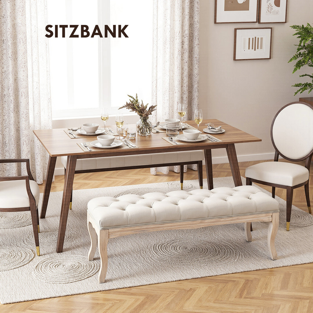 Polstret bænk med linnedbetræk, sengebænk med træramme, skobænk til soveværelse, stue, entre, 110 x 40 x 48 cm, beige