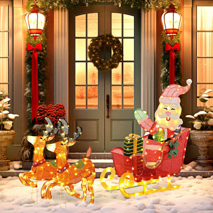 Lysende juledekoration, julemanden på slæde med rensdyr, 246 led-lys, jordspyd, flerfarvet