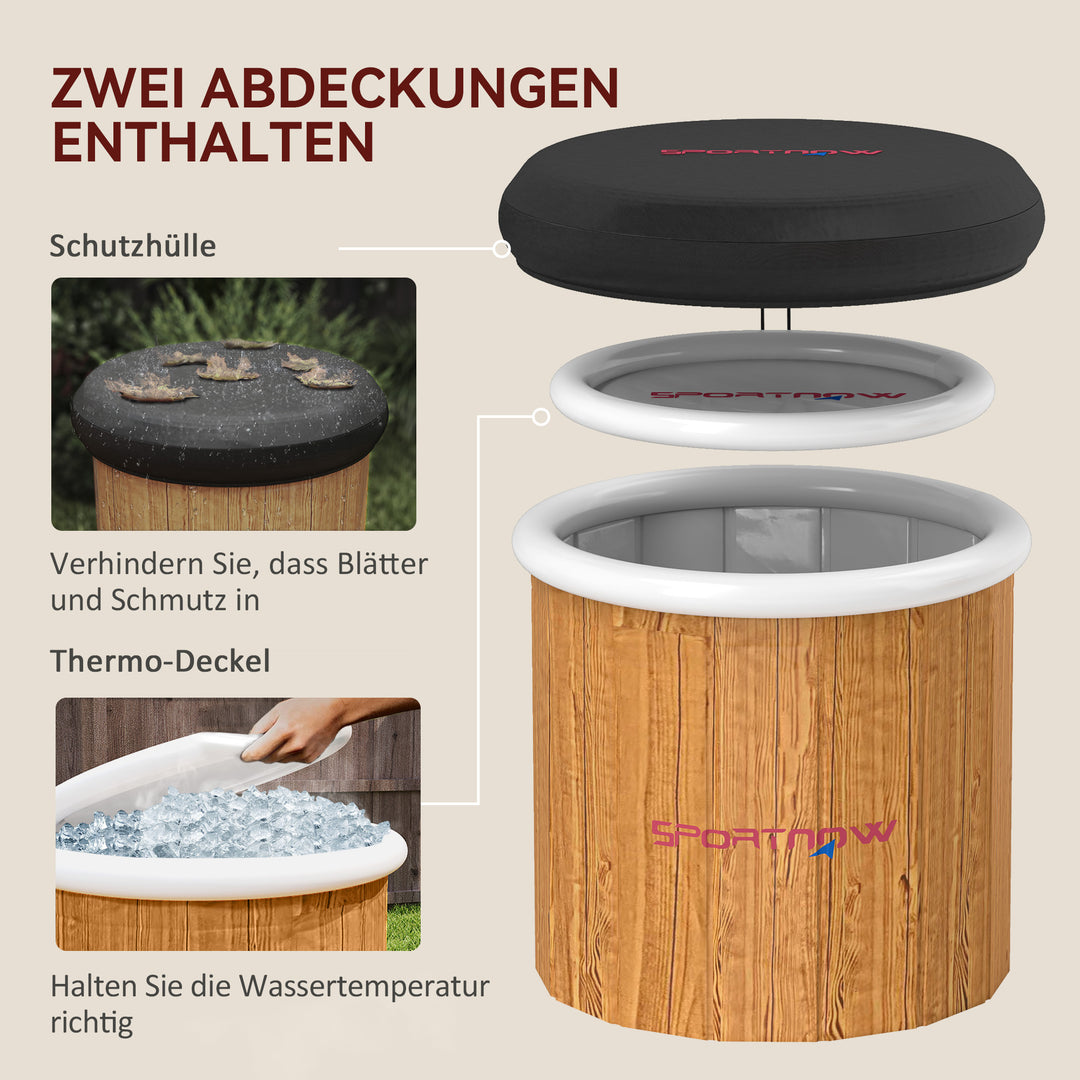 Isbad, 300 liters oppusteligt isbad til muskelafslapning med låg, bæretaske, luftpumpe, brun