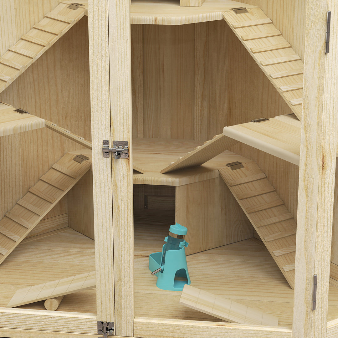 Hamsterbur, 4-etagers design, med foderstation, vippe, rampe, hytter, 115 x 69,5 x 79 cm, træ