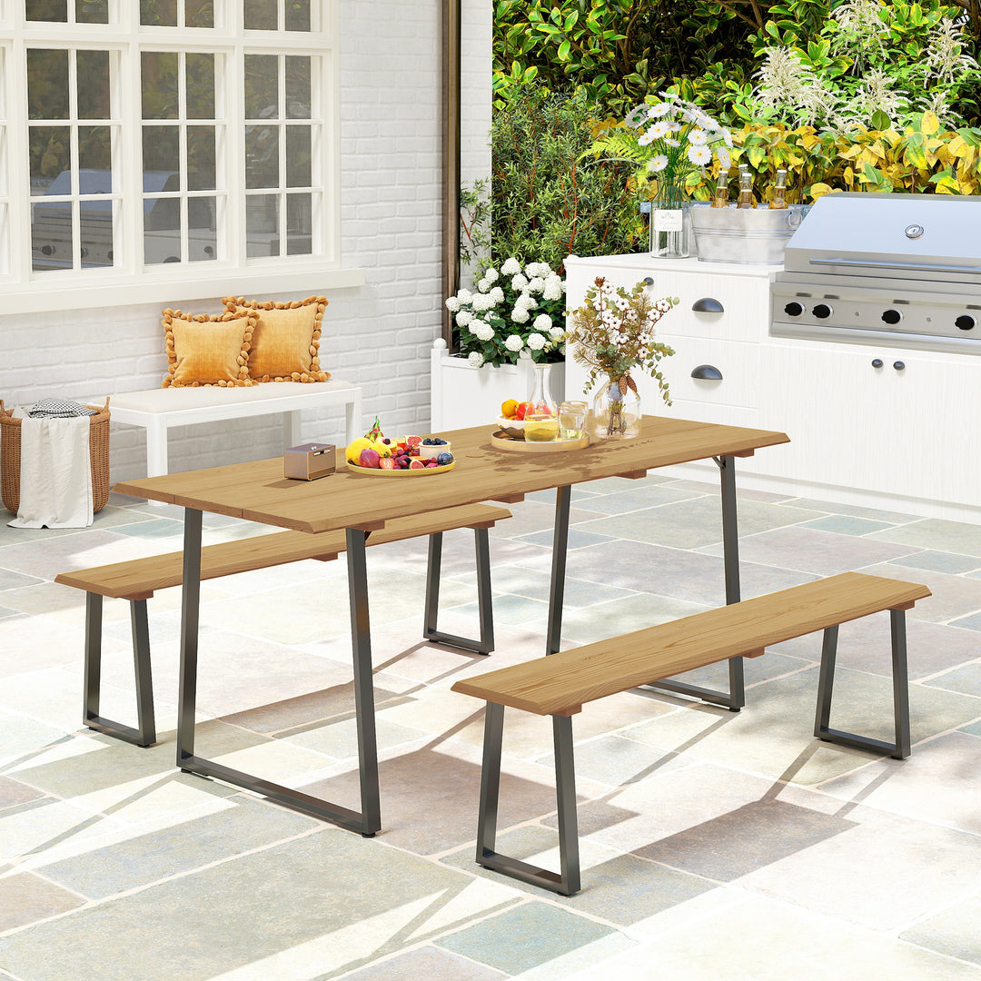 3-Delt træspisesæt til 6 personer, spisebord med 2 bænke, parasolhul, træbord, 178 x 76 x 77 cm, naturtræ