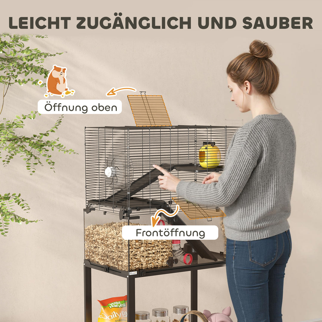 Hamsterbur, indhegning til små dyr med 3 niveauer, løbehjul, bur, platforme, ramper, madskål, vandflaske, tilbehør, stål, plastik, sort