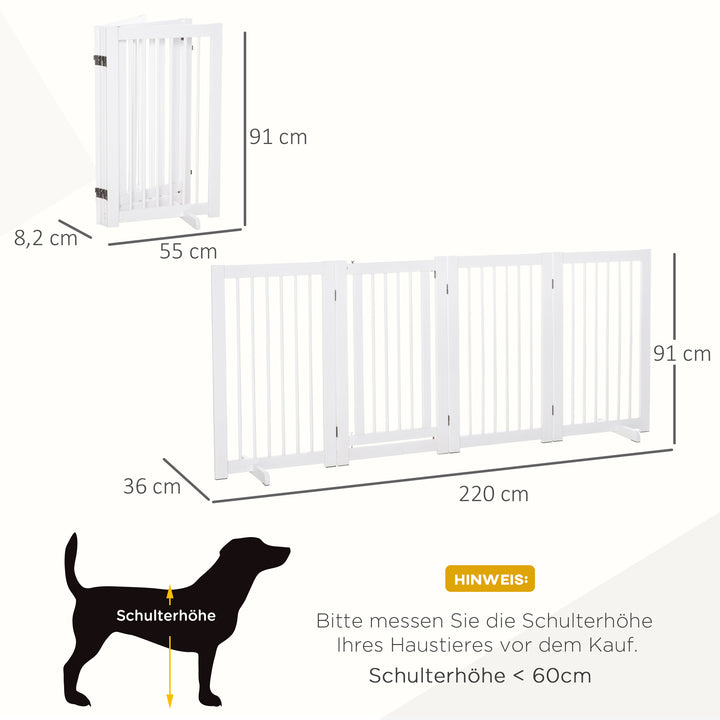 Hundesikkerhedsgitter, sæt med 4 dele, 220 x 91 cm, foldbart, med dør, fritstående hundegitter med 2 støttefødder, trætrappegitter til entré, køkken, trappe, hvid