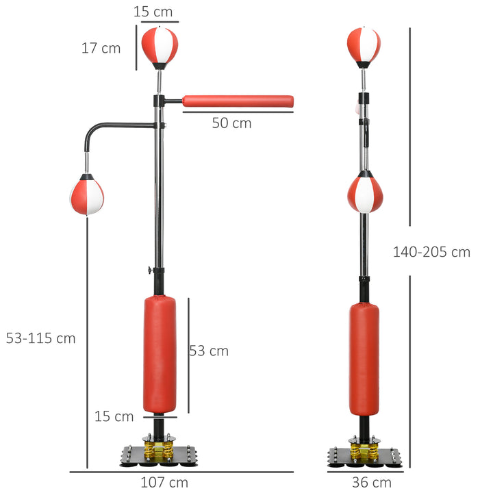 Boksestativ, to speedballs, roterende boksestang, sparkpude, højdejusterbar, stål, 107 x 36 x 140-205 cm