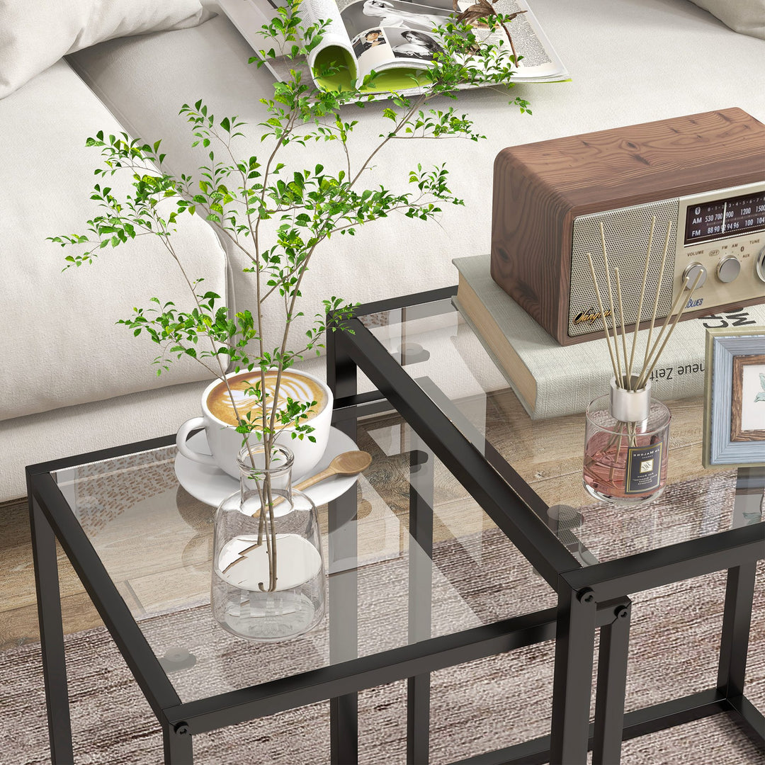 Sæt med 2 stabelbare sideborde/sofaborde med stålben, moderne design til stuen, sort