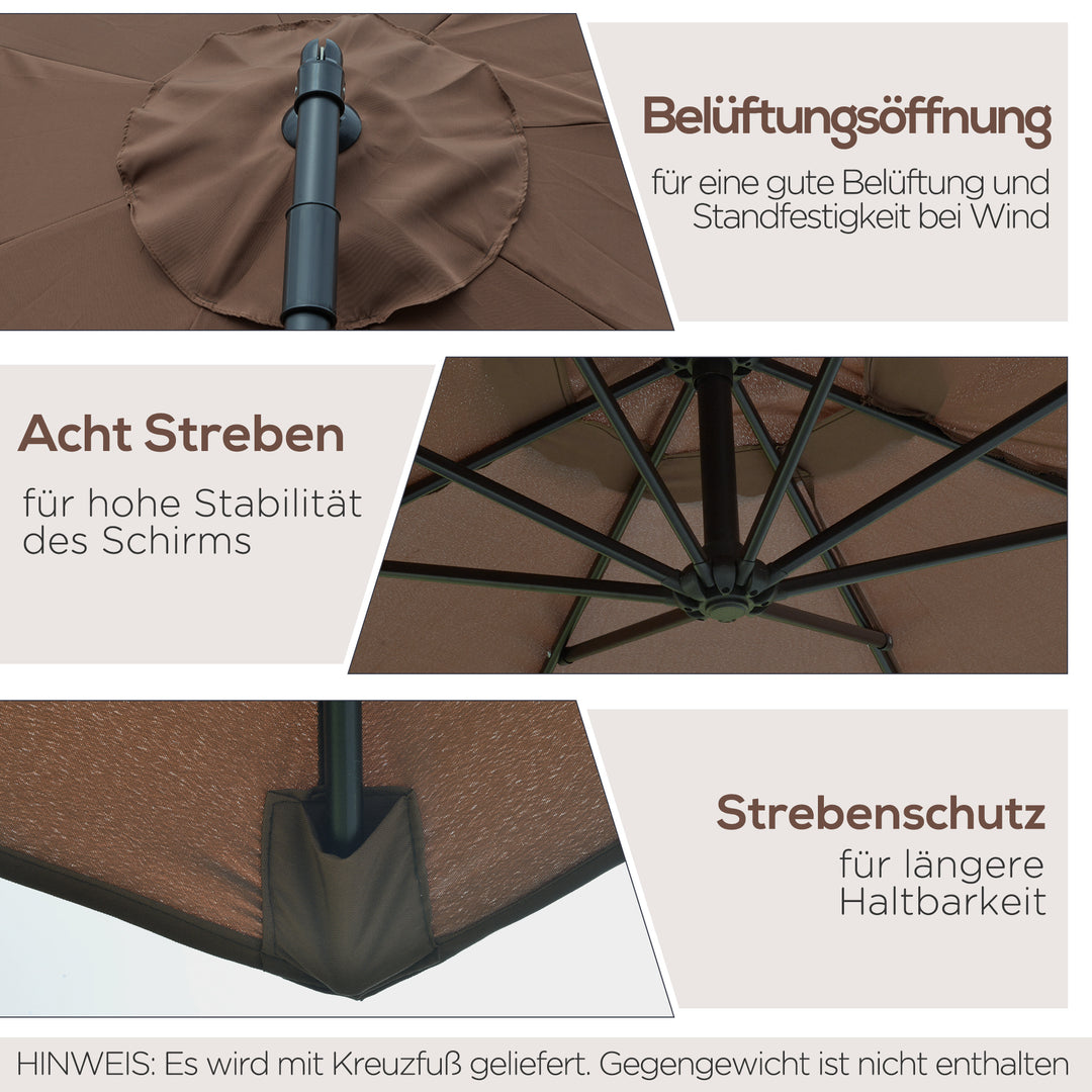 Parasol med håndsving, vejrbestandig, 3 m x 3 m x 2,5 m, stål, polyester, kaffe