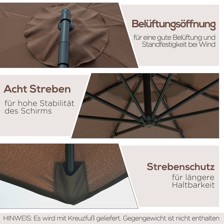 Parasol med håndsving, vejrbestandig, 3 m x 3 m x 2,5 m, stål, polyester, kaffe