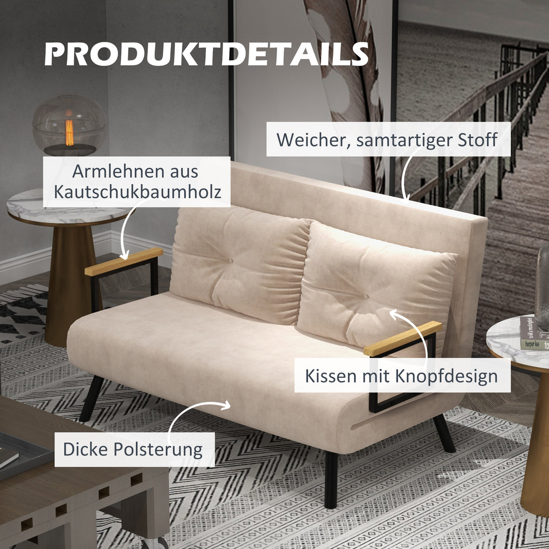 2-Personers sovesofa, fløjlsofa, sovefunktion, inklusive 2 puder, fløjlslook, naturlig + beige + sort