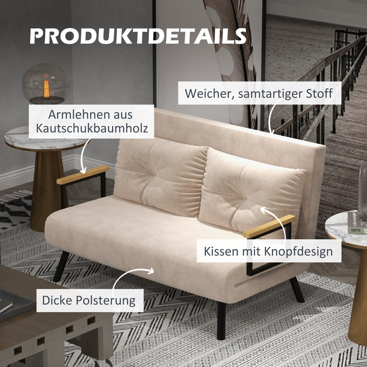 2-Personers sovesofa, fløjlsofa, sovefunktion, inklusive 2 puder, fløjlslook, naturlig + beige + sort