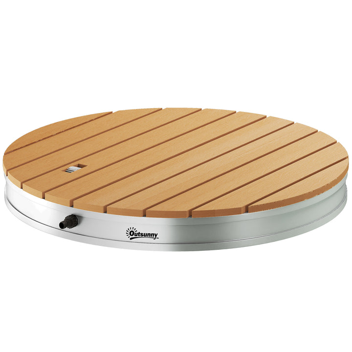 Bærbart udendørs brusesæt med justerbar fontæne, aluminiumsbase, uv- og frostbestandig, naturlig træfinish