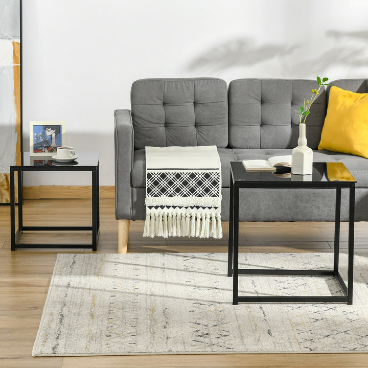 Sæt med 2 sideborde, moderne design, stabelbart, glasbord, sort