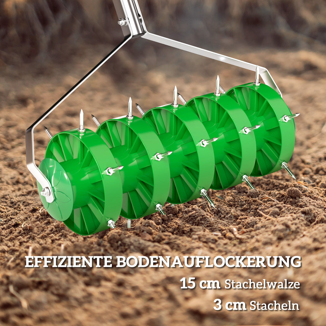 Plænelufter til græsplæne 45 cm bred manuel plænelufter med 30 jernpigge stål mørkegrøn