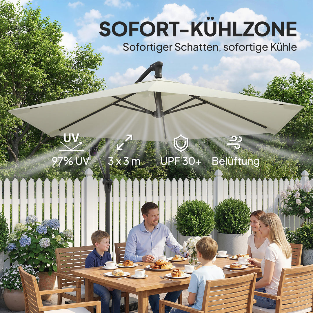 Fritstående parasol ca. Ø300 cm, solskærm med låsemekanisme, håndsving, stativ, vægte, cremehvid