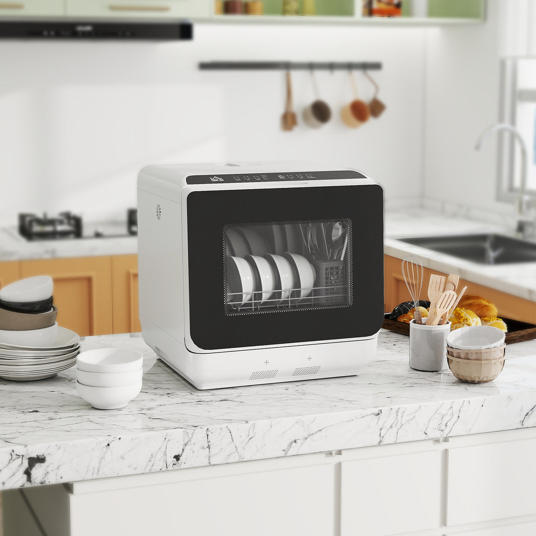Mini opvaskemaskine med 6-liters tank, 5 programmer, led-display, tørrefunktion, hvid