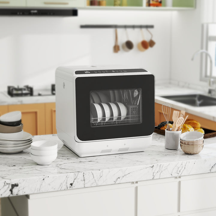 Mini opvaskemaskine med 6-liters tank, 5 programmer, led-display, tørrefunktion, hvid