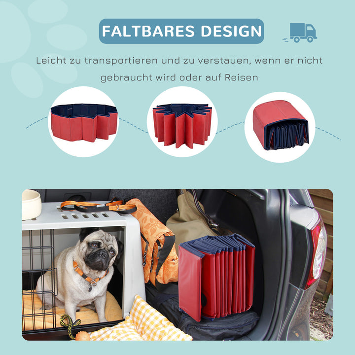Sammenklappeligt hundebadekar, hundepool, swimmingpool, børnepool, badekar til hunde og katte, vandbassin af plastik og træ, Ø100 x H30 cm, rød