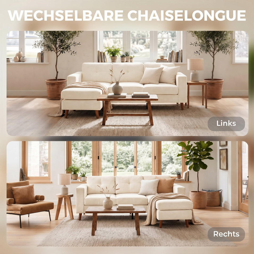 Hjørnesofa 192 cm L-formet 3-personers sofa med vendbar chaiselong, corduroy-look, til små rum, cremehvid