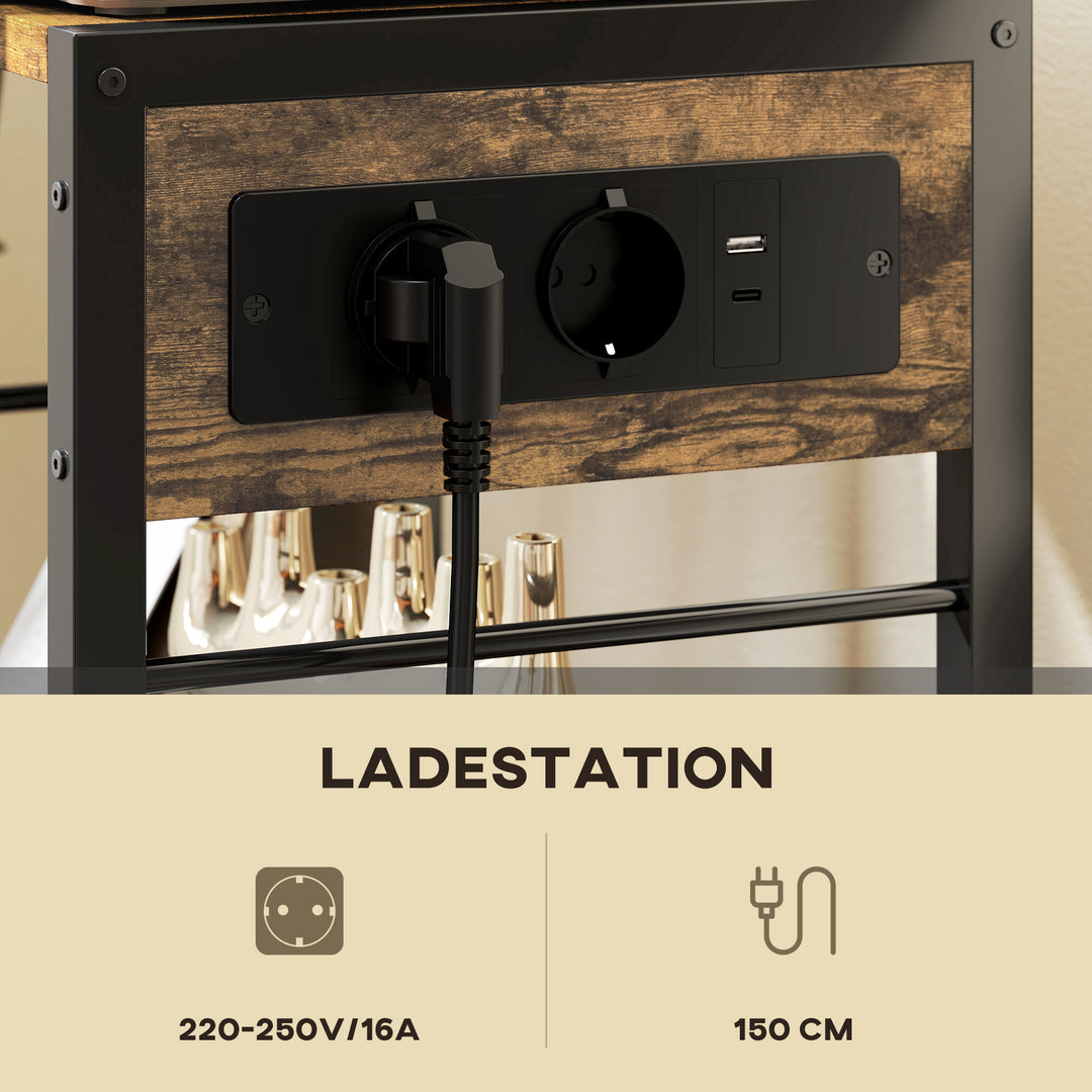 Printerstativ/printerhylde med hjul, stikkontakter, USB- og USB-C-porte, op til 40 kg, rustik brun