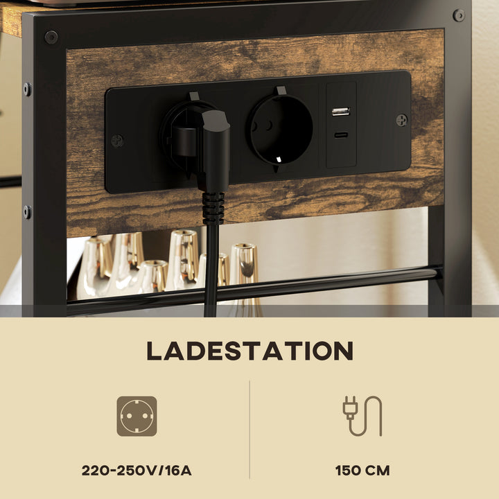 Printerstativ/printerhylde med hjul, stikkontakter, USB- og USB-C-porte, op til 40 kg, rustik brun
