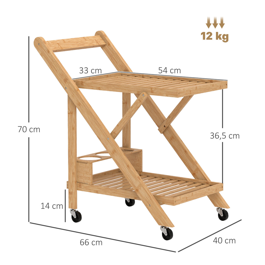 Køkkenvogn på hjul, serveringsvogn med 3 vinreoler, 2 bakker, til køkken, spisestue, bambustræ, lysebrun