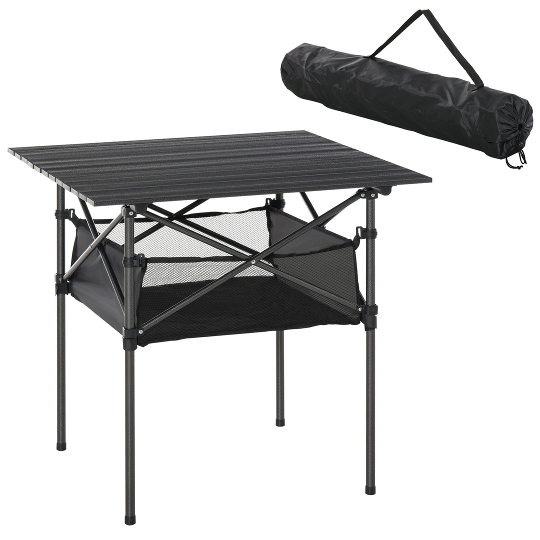 Foldbart campingbord i aluminium med netpose, bærbart picnicbord til camping, have, fest, picnic, balkon, sort, 70 x 70 x 69 cm