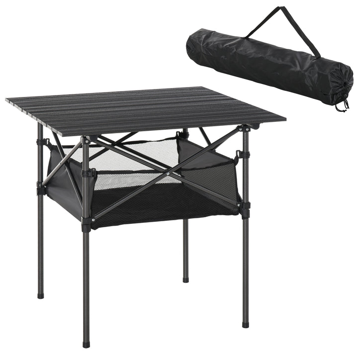 Foldbart campingbord i aluminium med netpose, bærbart picnicbord til camping, have, fest, picnic, balkon, sort, 70 x 70 x 69 cm